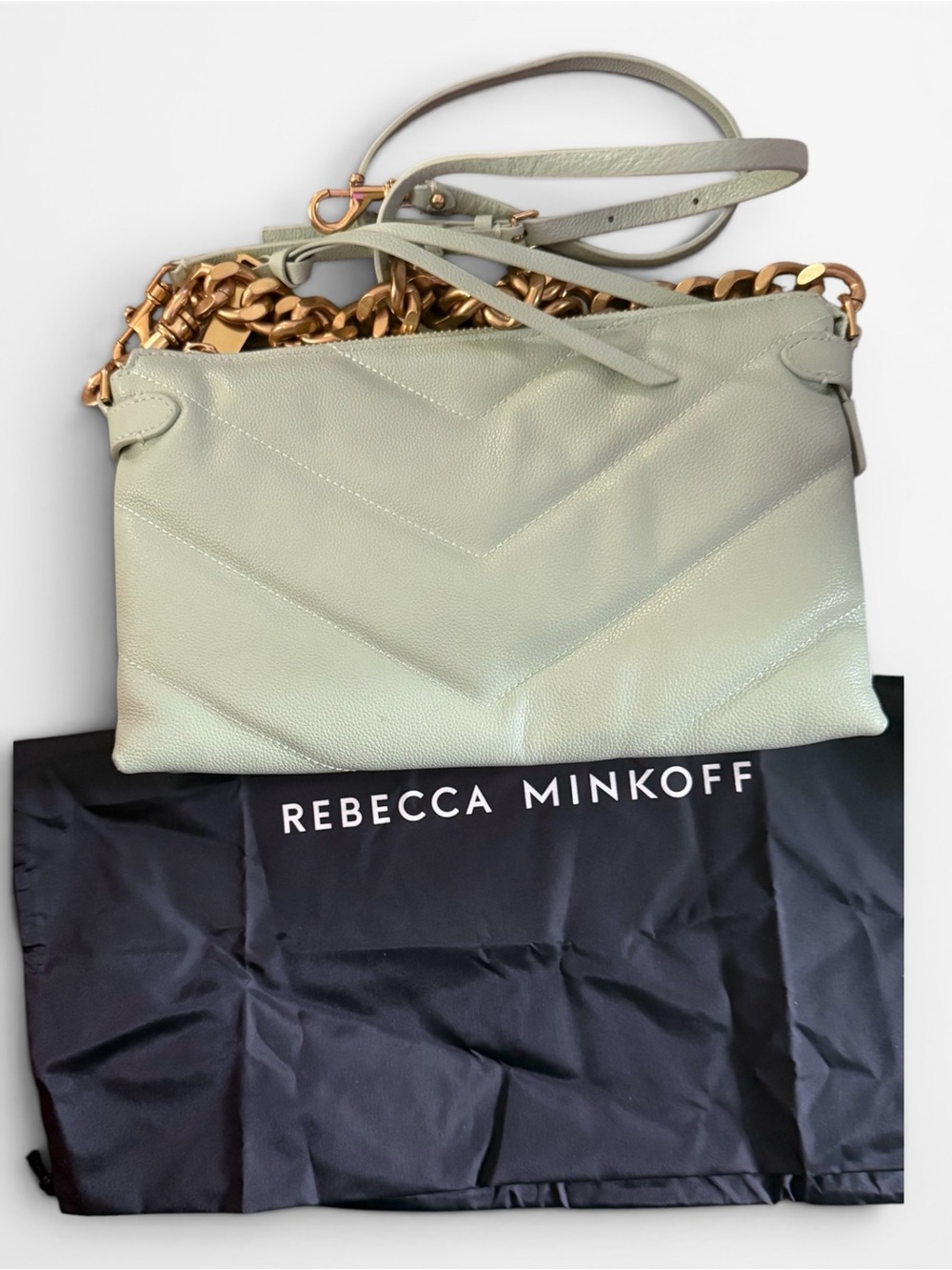 Rebecca Minkoff Edie Leather Shoulder crossbody Clutch with Gold Chain - Mint - Picture 2 of 7